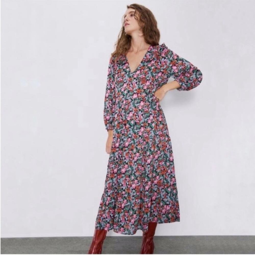 Zara Cottagecore Peasant Semi Sheer Pink, Red and Black Floral Maxi Dress -XS/S